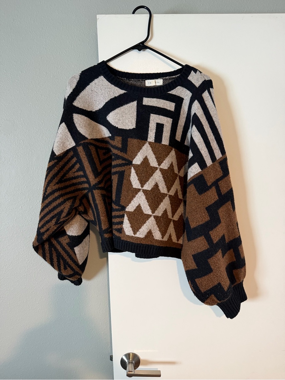 Promesa Black Brown Cream Geometric Crewneck Sweater